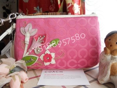 全新真品 Coach 42485 深粉紅小C織布立體花朵手拿包