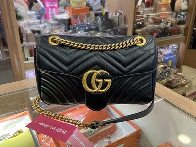 ☆最愛二手精品☆ GUCCI GG MARMONT 26cm 黑色古銅金鍊翻蓋W紋雙鍊肩背包斜背包 443497 26 XG3672