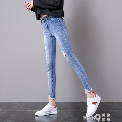 下殺-牛仔褲女2020夏季新款韓版修身顯瘦彈力學生小腳褲女九分高腰破洞