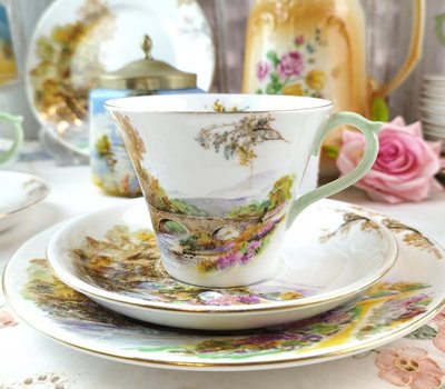 紫丁香歐陸古物雜貨♥英國名品1946年Shelley英國風情畫粉綠把手骨瓷下午茶杯盤組