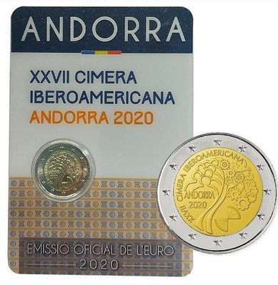 【熱賣精選】安道爾 2020年 伊比利亞美洲首腦會議 2歐元 卡裝雙金屬 紀念幣
