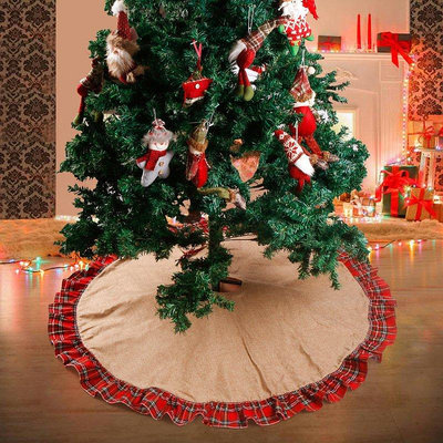 【現貨精選】120cm紅色格子亞麻聖誕樹裙蘇格蘭式聖誕節裝飾品拼接聖誕樹圍裙