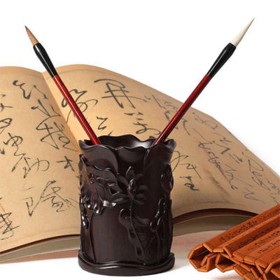 紅木筆筒木雕黑紫檀紅酸枝黑檀木質荷花筆筒工藝品擺件實木