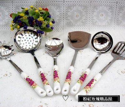 粉紅玫瑰精品屋~   不鏽鋼廚房用品 6件套裝湯勺鏟組合  廚具套裝 玫瑰~現貨+預購