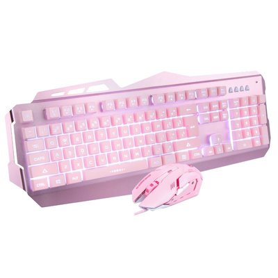 下殺-鍵盤粉色鼠標鍵盤套裝耳機三件套少女心可愛女生游戲電競機械手感鍵鼠