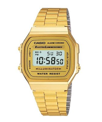 【CASIO 專賣】A168WG-9W 不鏽鋼錶帶設計搭配金色錶殼，極具經典復古造型的設計，A168WG