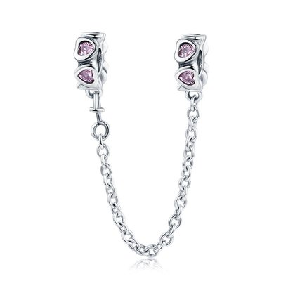 現貨Pandora 潘朵拉 925純銀手鏈配件粉色心形鋯石安全鏈串飾diy大孔珠子個性散珠配飾明星同款熱銷