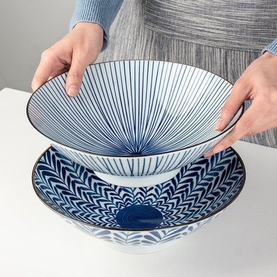 “正品”日式拉面碗波佐見燒日本陶瓷餐具藍繪喇叭大湯碗高腳斗笠碗面條碗