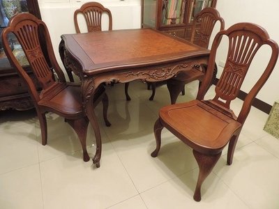 丁香之家----老件法式鑲樹瘤越南黃花梨木桌椅組(一桌四椅)
