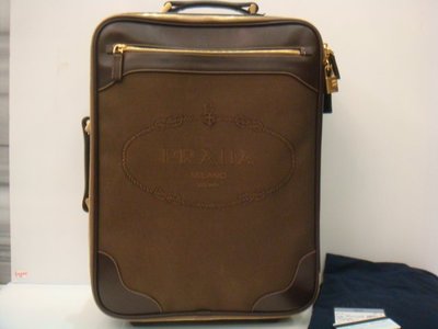 【平價名牌誌】二手真品PRADA棕色織布加真皮拉桿 登機箱 行李箱 原價十幾萬