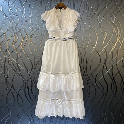 現貨-褶皺露腰白色連衣裙女夏季新款歐美法式性感名媛長裙4BB簡約