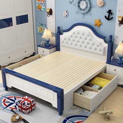 現貨熱銷-兒童床男孩單人床1.5米實木美式男孩床1.2米儲物高箱床1.35米