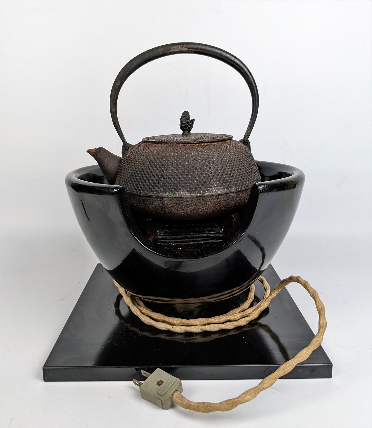 日本古民具/野田炭型電熱器，陶缽真黑塗土器型風爐/面取風爐/火鉢 