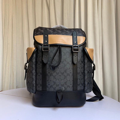 【琳精品】Coach c1059 新款男士馬車圖案印花塗層HUDSON翻蓋雙肩包 頭層牛皮背包 後背包 男包