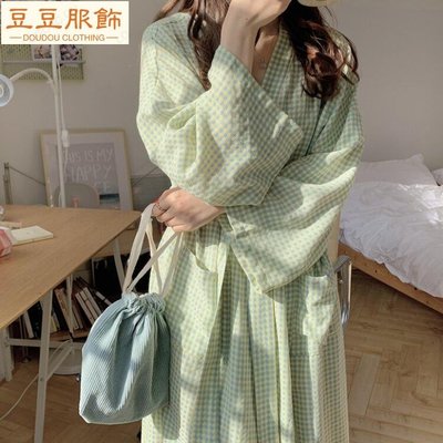 全網最低韓國新款 新款睡袍女可愛格子浴袍長款和服ins睡衣時尚甜美家居服-豆豆服飾