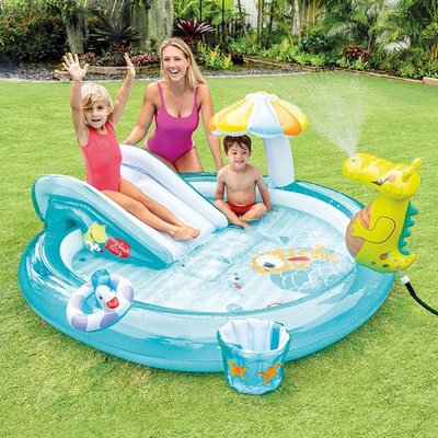 INTEX 57165鱷魚滑梯噴水公園水池充氣游泳池 夏日兒童花園戲水池