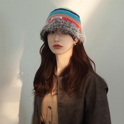 【漁夫帽】韓國冬季七彩鉤針針織羊毛帽女冬季大頭帶漁夫帽ins保暖護耳帽