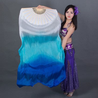 艾蜜莉舞蹈用品*肚皮舞真絲扇/白湖藍寶藍漸層長飄扇150cm$400元
