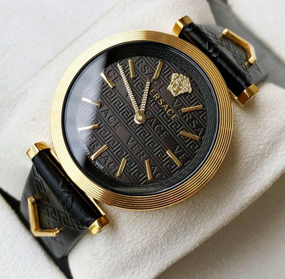 VERSACE V-Twist 黑色錶盤 黑色皮革錶帶 石英 女士手錶 VELS00619