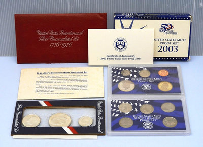 YY044-26【周日結標】1976年美國獨立200週年紀念銀幣(4成銀)=1套3枚+2003年美國精鑄紀念套幣 =盒損