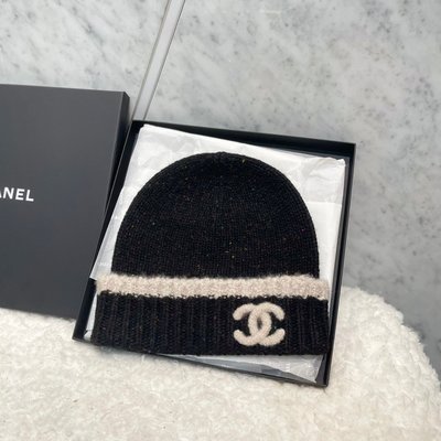 【翰貝格名牌館】全新真品 Chanel  黑色 拼色 白色 雙C 羊絨 毛帽 冷帽 預購