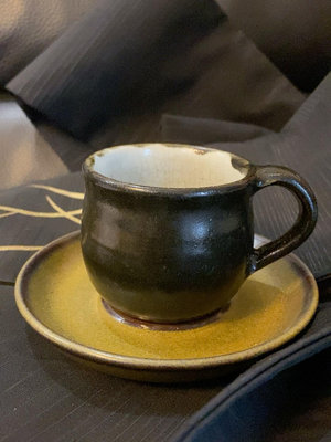 日本柴燒陶質咖啡杯馬克杯 杯子有開片 碟是柴燒則武Norit