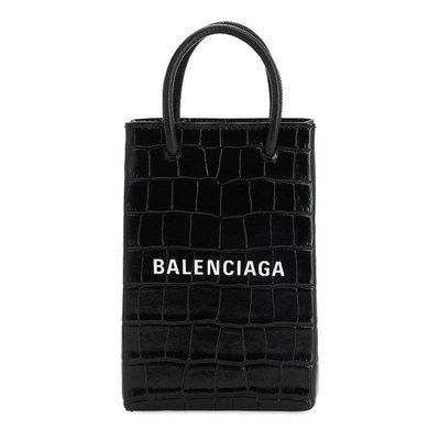 【Balenciaga 巴黎世家】Shopping Phone 鱷魚紋 手機包 紙袋包 斜背包 黑色