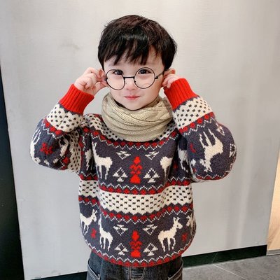 特賣- 童裝加厚毛衣紅色圣誕麋鹿線衣男童套頭打底衫寶寶新年保暖針織衫