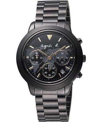 agnes b. 環遊世界地圖計時腕錶(BT3020X1)-黑x金時標/39mm VD53-KQ00F