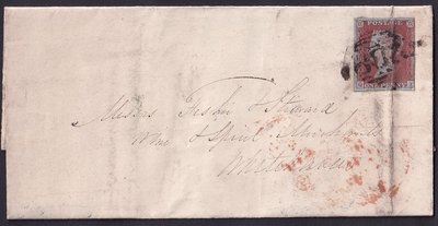 現貨英國古典郵品-1851年貼無齒紅便士郵票QJ實寄封一件維多利亞頭像可開發票