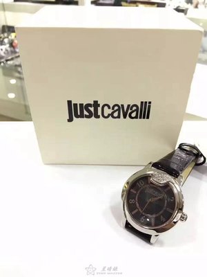義大利名牌Just Cavalli卡沃利女裝真皮錶 40mm 黑色貝殼錶盤 銀色外殼配上立體水晶蛇頭裝飾 銀色數字刻度