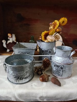 馬口鐵製造牛奶罐澆花器圓桶4種造型懷舊復古風格擺飾（1026）