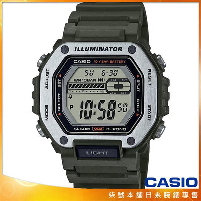 【柒號本舖】CASIO 卡西歐十年電力運動膠帶錶-黑X綠 # MWD-110H-3A (台灣公司貨)