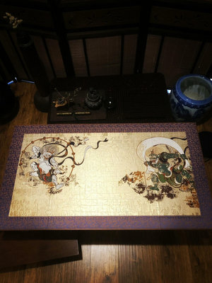 日本古董老西陣織，雷神風神，畫心屏風