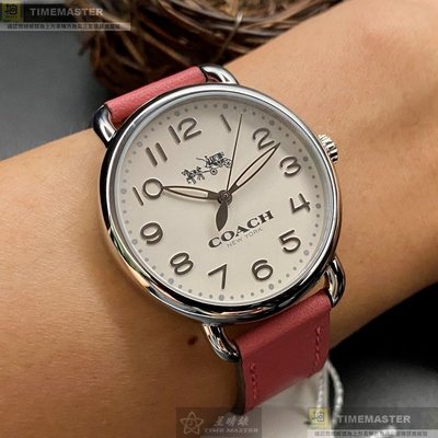 COACH手錶,編號CH00152,36mm銀圓形精鋼錶殼,白色簡約, 中三針顯示錶面,粉紅真皮皮革錶帶款
