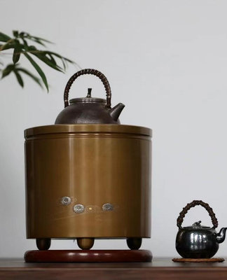 日本銅火缽 日本火爐 碳爐 涼爐 圍爐煮茶 茶具茶道【銀鑲嵌260
