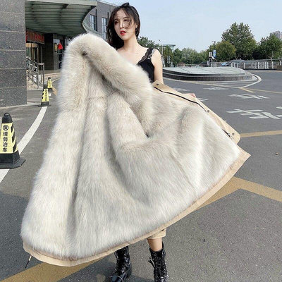 時尚女裝派克服女加厚新款2021中長款內膽可拆卸仿狐貍毛領皮草大衣外套