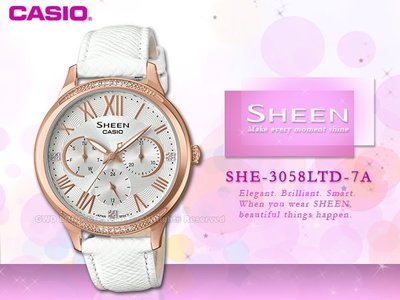 CASIO卡西歐 手錶專賣店 國隆 SHEEN SHE-3058LTD-7A 三眼指針女錶 皮革錶帶 銀 防水 新品 保