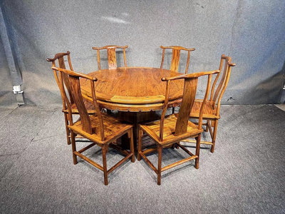 【二手】資金回籠檀海南黃花梨木圓餐桌一桌六椅【古玩天下】152圓雕 根雕  檀木