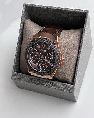 GUESS 棕色錶盤 棕色真皮皮革錶帶 石英 男士手錶 U1058G2