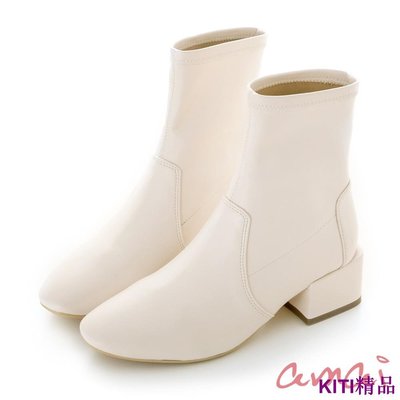 KITI精品amai 氣質小方頭低跟襪靴 低跟短靴 襪靴 踝靴 短筒靴 粗跟 百搭 時尚 韓版 英倫風 大尺碼 白色 GB-4
