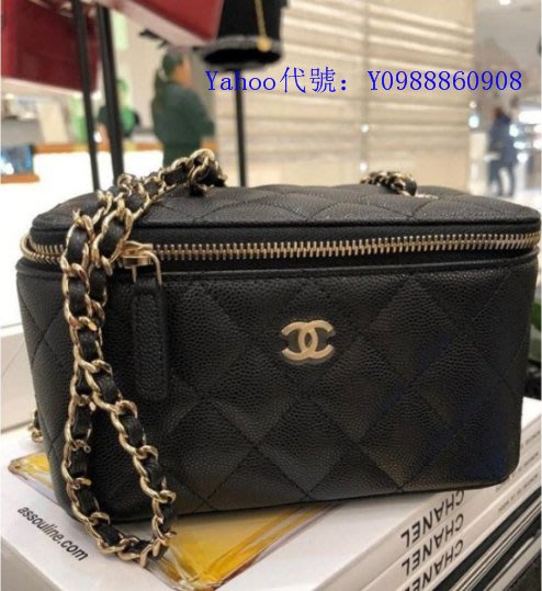 里昂二手正品CHANEL AP1341 Petit vanity avec chaîne 黑色荔枝皮鍊子化妝包| Yahoo奇摩拍賣