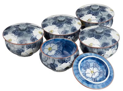 11636A 日本製造 好品質 和風花朵蓋碗五入組 日式藍釉彩繪茶花蓋碗茶碗套裝陶器下午喝茶杯擺件禮品