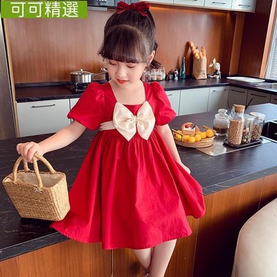 Ps 兒童女孩連衣裙泡泡袖芭蕾舞短裙連衣裙紅色連衣裙韓國設計連衣裙兒童女孩-可可精選