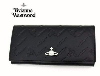 Vivienne Westwood (黑色×金屬銀色 ) 經典土星 閃電 真皮壓紋 兩摺長夾 皮夾 錢包 中性款｜100%全新正品｜特價!