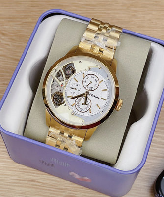 FOSSIL 鏤空錶盤 金色不鏽鋼錶帶 男士 石英+自動機械錶 ME1137