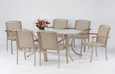 @休閒風吹吹@~~木扶手鋁製長方桌椅 (一鋁桌、六沙網椅)。中科飯店指定用款式！