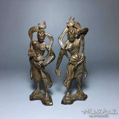 特賣-古玩雜項收藏仿古老銅器純銅哼哈二將護法銅像一對擺件