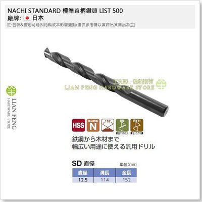 【工具屋】*含稅* NACHI 12.5mm 鐵鑽尾 標準直柄鑽頭 LIST 500 HSS SD 鐵工用 鑽孔 日本