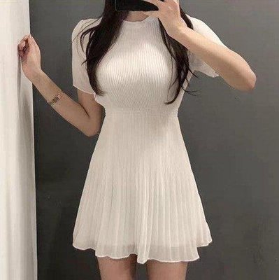 新品 韓國時尚氣質圓領純色百褶連身裙洋裝